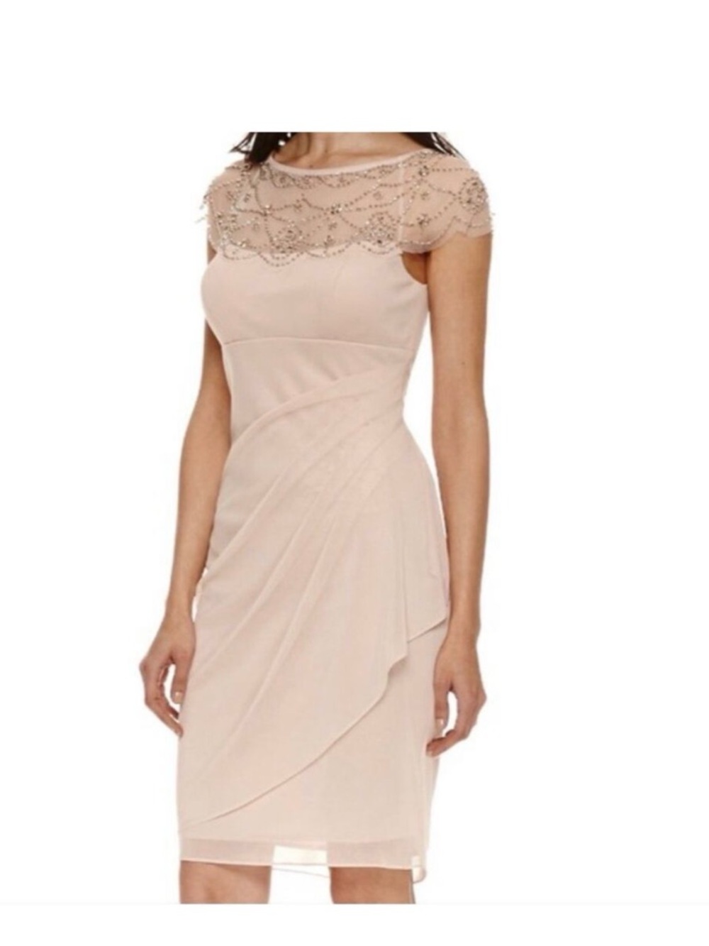 Beaded Illusion Yoke Midi Dress in Blush